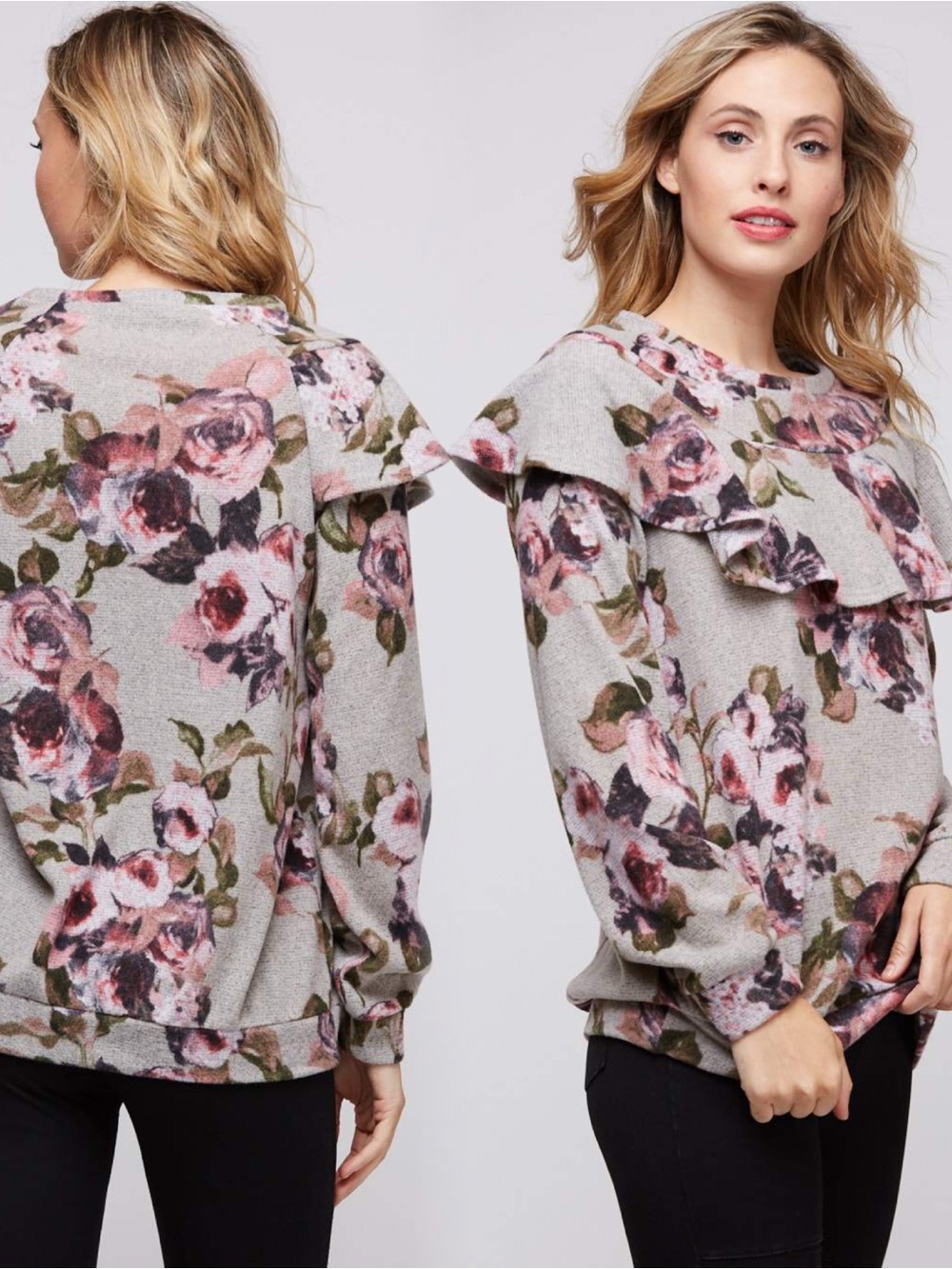 Peach Love California Pink & Gray Floral Ruffle Sweater